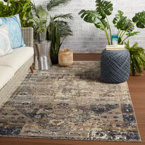 Polaris Belfast Indoor/ Outdoor Medallion Taupe/ Dark Blue Runner Rug (2'8"X10')