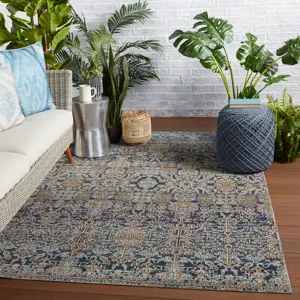 Polaris Bodega Indoor/ Outdoor Trellis Dark Blue/ Gold Area Rug (2'X3')