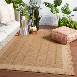 Tahiti Vibe by  Akamai Indoor/ Outdoor Border Beige/ Light Brown Runner Rug (2'6"X8')
