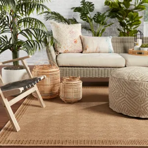 Tahiti Vibe by  Pareu Indoor/ Outdoor Border Beige/ Light Brown Runner Rug (2'6"X8')