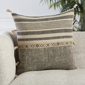 Taiga Ikal Stripes Beige/ Dark Gray Down Throw Pillow 18 inch