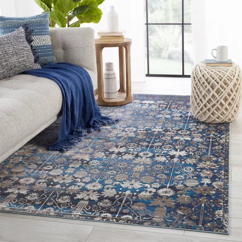 Borealis Vibe by  Izar Trellis Blue/ White Area Rug (10'X14')