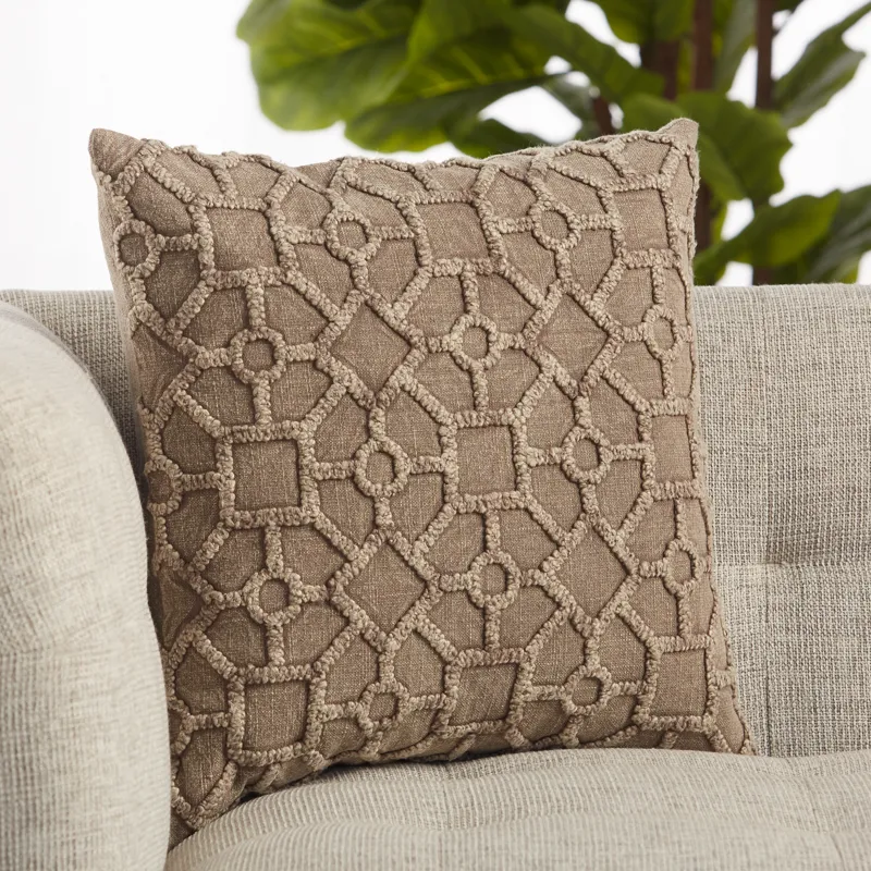 Boxwood Vibe by  Espanola Taupe Trellis Down Throw Pillow 18 inch
