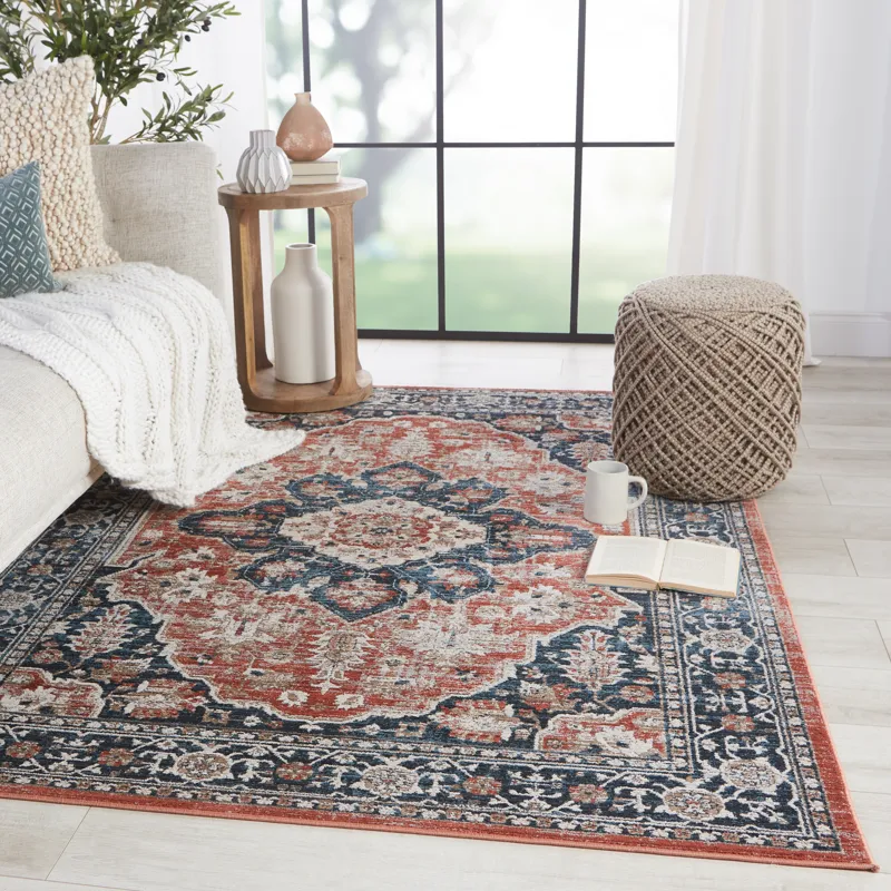 Byzantine Vibe by  Palama Medallion Blue/ Red Area Rug (9'6"X13')
