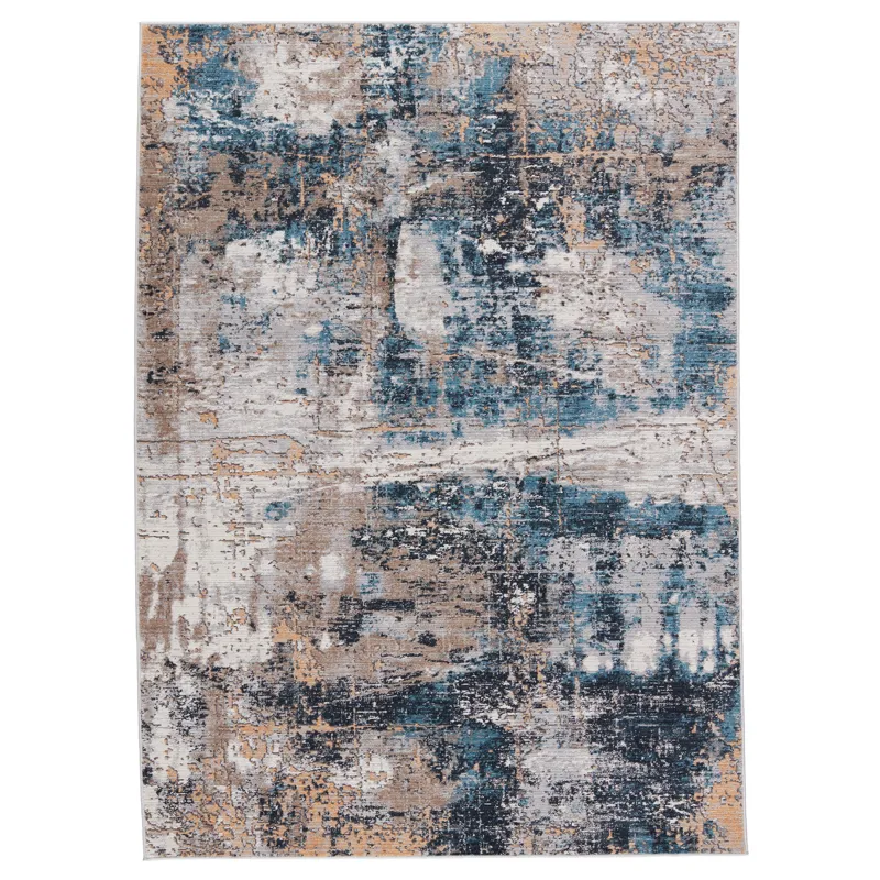 Byzantine Vibe by  Casiane Abstract Gold/ Blue Runner Rug (2'6"X8')
