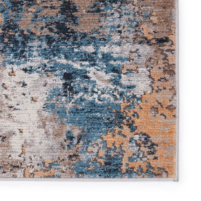 Byzantine Vibe by  Casiane Abstract Gold/ Blue Runner Rug (2'6"X8')