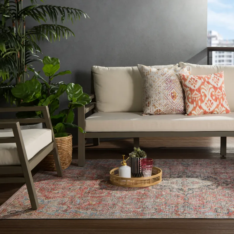 Chateau Foix Indoor/ Outdoor Medallion Red/ Light Blue Area Rug (8'X10')