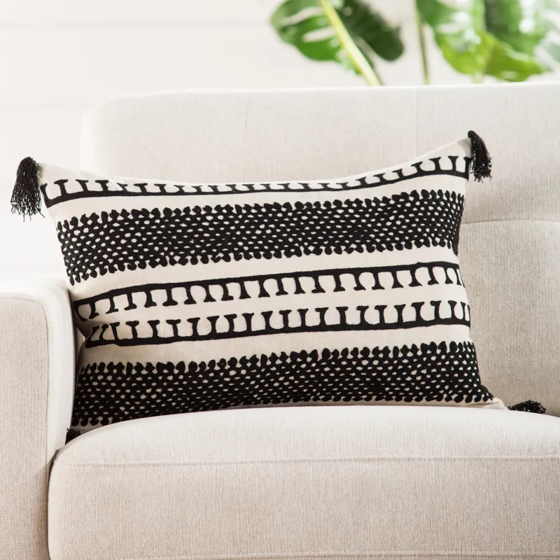 Cosmic By Nikki Chu Nikki Chu by  Fala Cream/ Black Geometric Poly Throw Pillow 16X24 inch