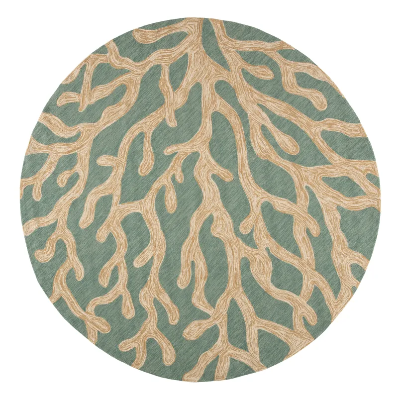 Coastal Lagoon Coral Indoor/ Outdoor Abstract Teal/ Tan Round Area Rug (8'X8')