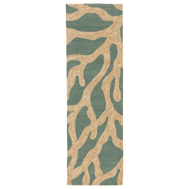 Coastal Lagoon Coral Indoor/ Outdoor Abstract Teal/ Tan Runner Rug (2'6"X8')
