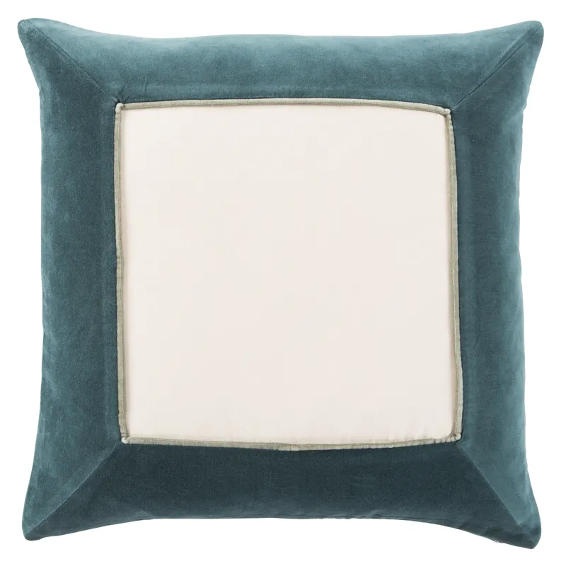 Emerson Hendrix Border Teal/ Cream Down Throw Pillow 22 inch