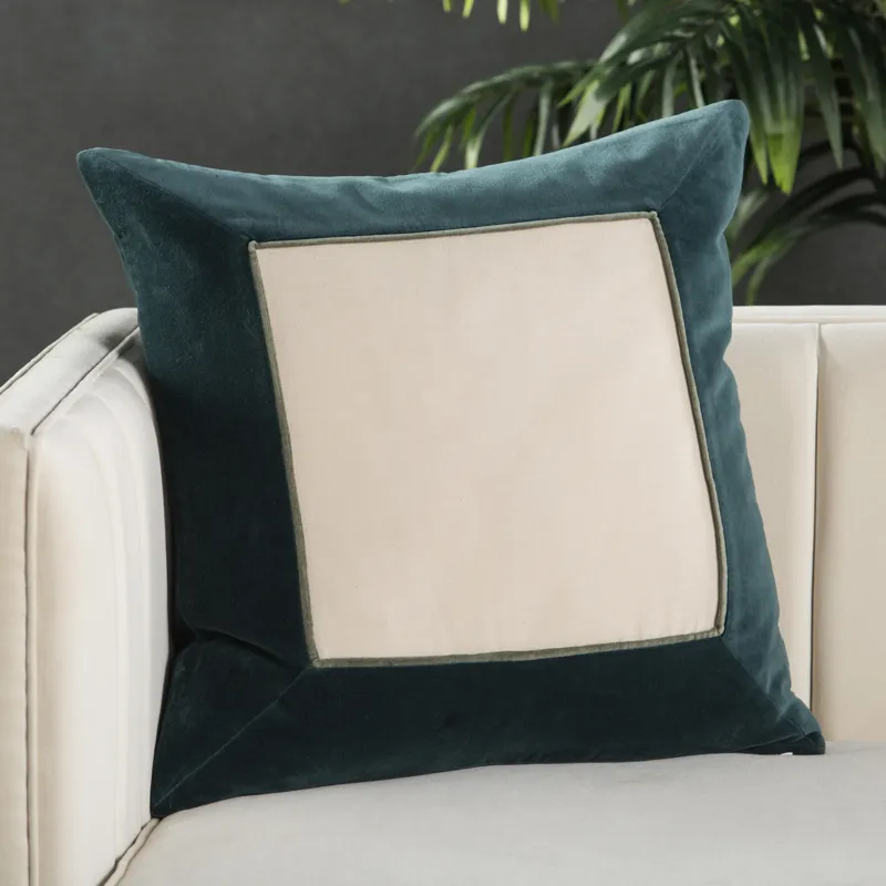 Emerson Hendrix Border Teal/ Cream Down Throw Pillow 22 inch