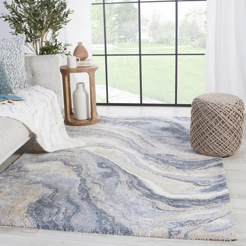 Ferris Vibe by  Orion Abstract Blue/ Light Gray Runner Rug (3'X10')