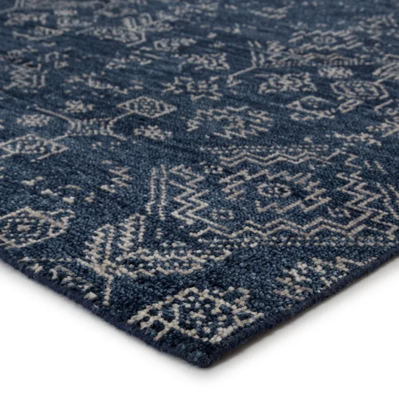 Liberty Azuma Hand-Knotted Tribal Dark Blue/ Light Gray Area Rug (5'6"X8')