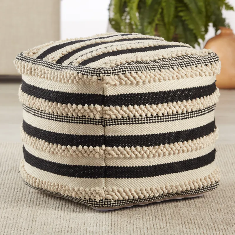 Mandolin Meknes Indoor/ Outdoor Striped Black/ Cream Cube Pouf