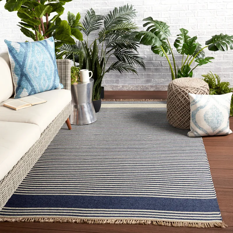 Morro Bay Vibe by  Strand Indoor/ Outdoor Striped Blue/ Beige Area Rug (4'X6')