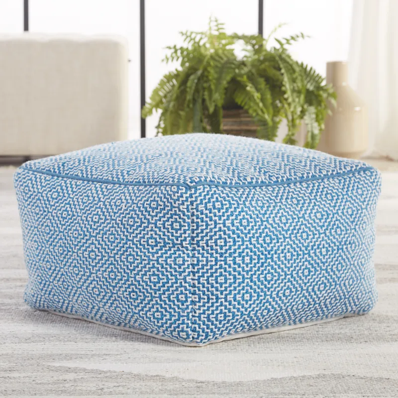 Merida Loranca Indoor/ Outdoor Trellis Blue/ White Cuboid Pouf