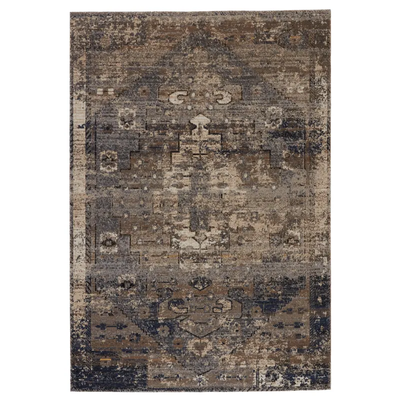 Polaris Belfast Indoor/ Outdoor Medallion Taupe/ Dark Blue Runner Rug (2'8"X10')