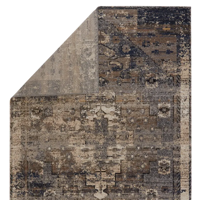 Polaris Belfast Indoor/ Outdoor Medallion Taupe/ Dark Blue Runner Rug (2'8"X10')