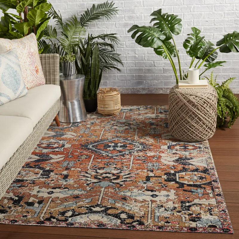 Polaris Ansilar Indoor/ Outdoor Medallion Orange/ Blue Area Rug (2'X3')