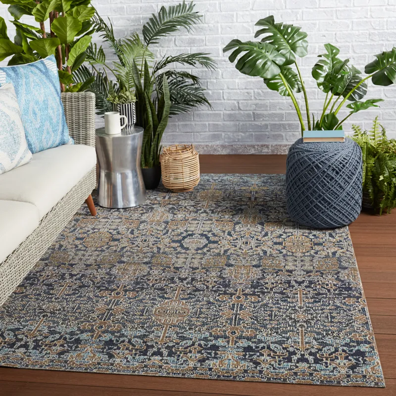 Polaris Bodega Indoor/ Outdoor Trellis Dark Blue/ Gold Area Rug (2'X3')