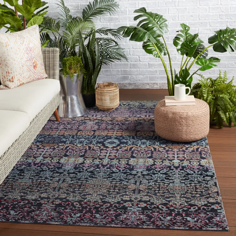 Polaris Bodega Indoor/ Outdoor Trellis Dark Blue/ Multicolor Runner Rug (2'6"X8')