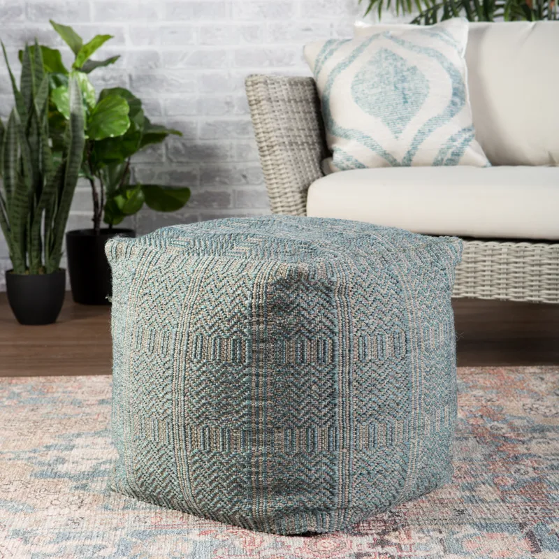 Roanoke Destrie Indoor/ Outdoor Tribal Light Blue/ Light Gray Cube Pouf