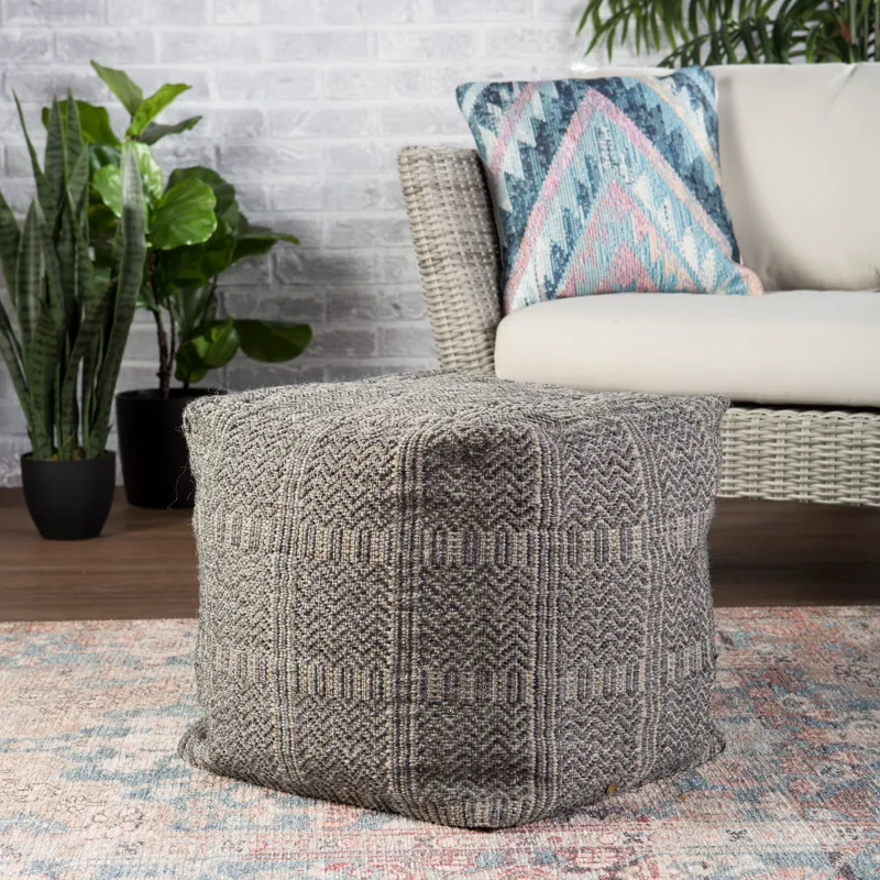 Roanoke Destrie Indoor/ Outdoor Tribal Gray Cube Pouf