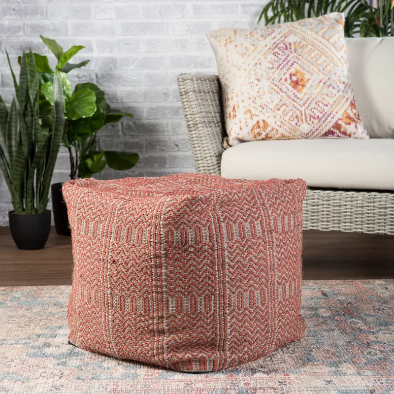 Roanoke Destrie Indoor/ Outdoor Tribal Red/ Light Gray Cube Pouf