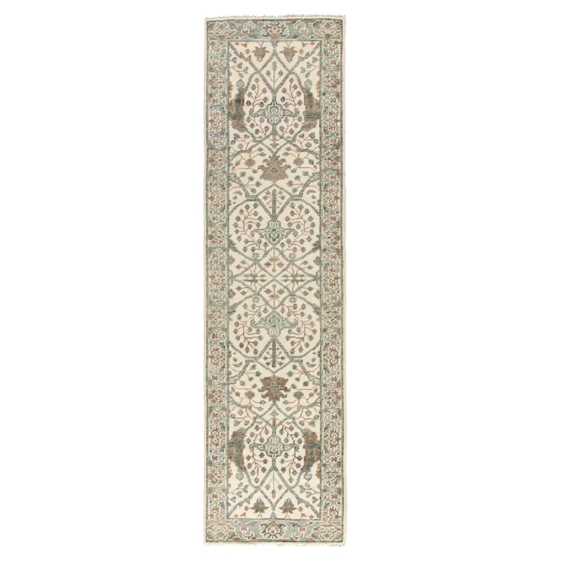 Salinas Slayton Hand-Knotted Medallion Ivory/ Light Teal Runner Rug (3'X12')