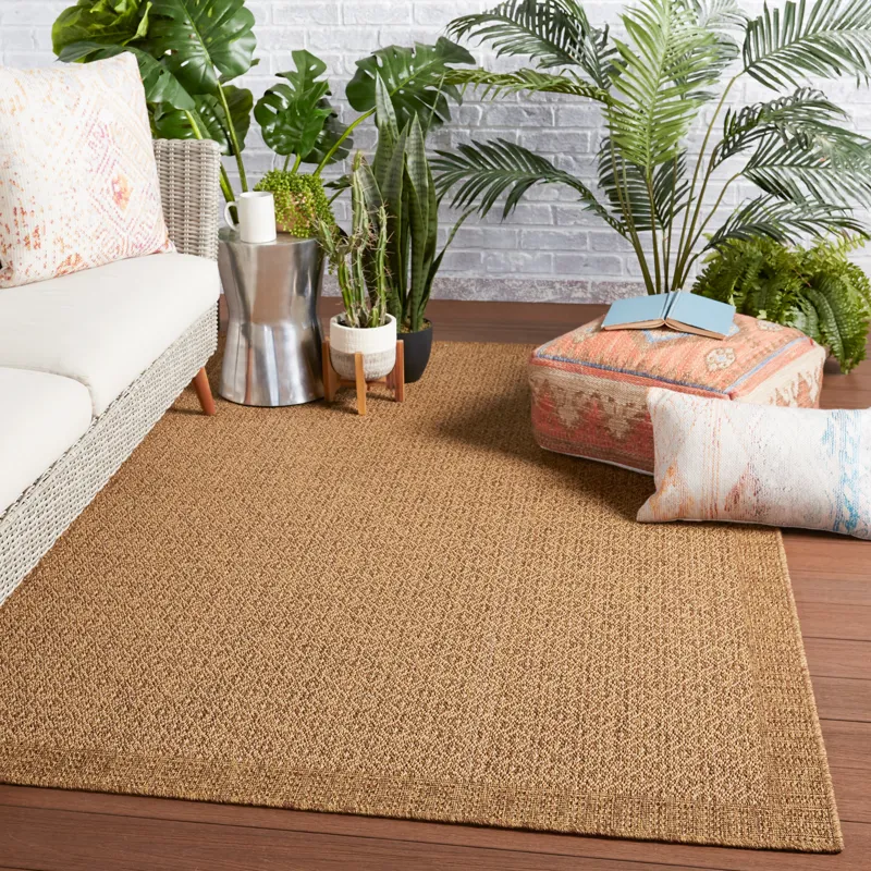 Tahiti Vibe by  Maeva Indoor/ Outdoor Border Light Brown Area Rug (2'X3')