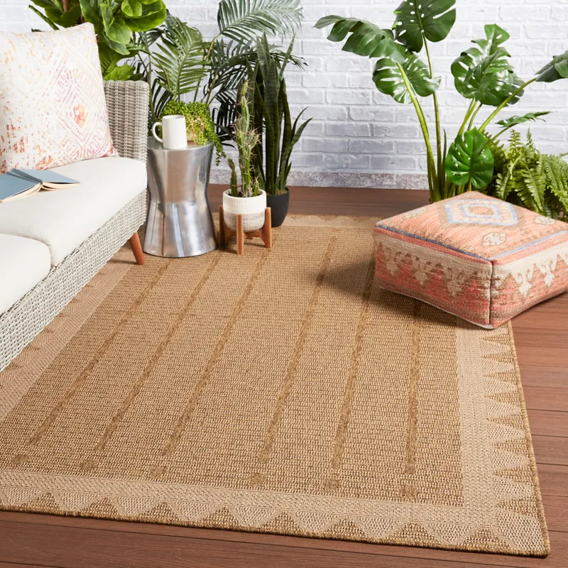 Tahiti Vibe by  Akamai Indoor/ Outdoor Border Beige/ Light Brown Runner Rug (2'6"X8')