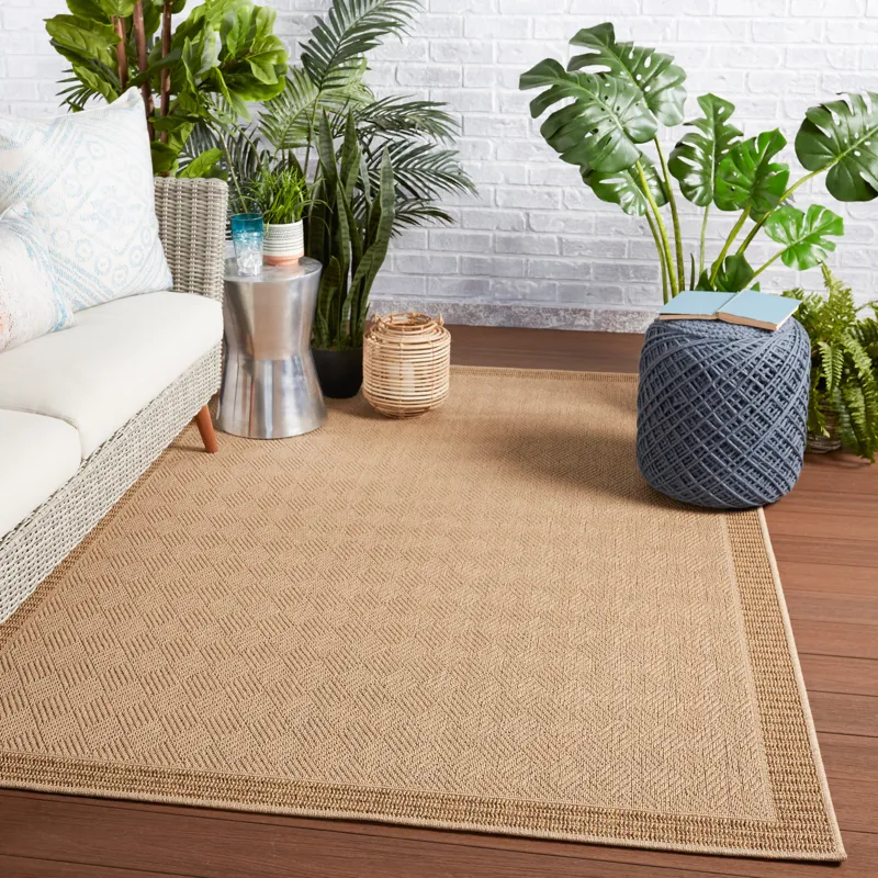 Tahiti Vibe by  Pareu Indoor/ Outdoor Border Beige/ Light Brown Runner Rug (2'6"X8')