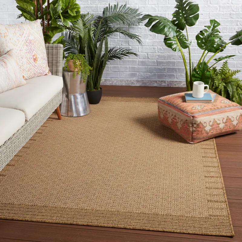 Tahiti Vibe by  Poerava Indoor/ Outdoor Border Beige/ Light Brown Area Rug (2'X3')