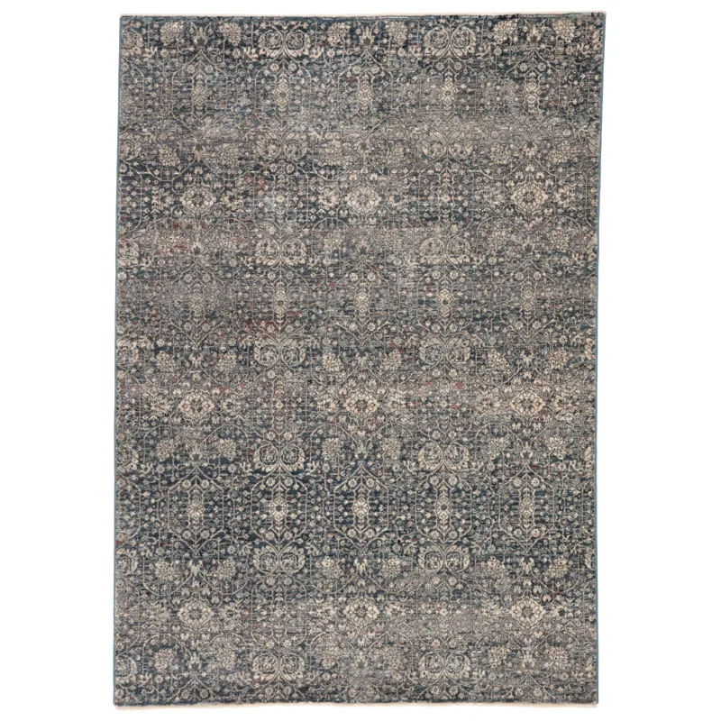 Valentia Torryn Damask Gray/ Blue Runner Rug (2'5"X10')