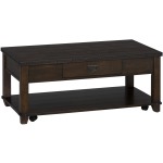Cassidy Brown Traditional Plank Top Cocktail Table with Pull-Thru Drawer and Shelf