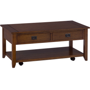 Mission Oak Castered Cocktail Table with 2 Pull-Thru Drawers