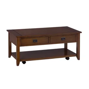 Mission Oak Castered Cocktail Table with 2 Pull-Thru Drawers