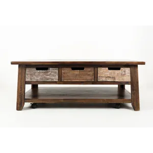Painted Canyon Rustic Solid Acacia 50\" Coffee Table With Pull Through Drawers And Caster Wheels