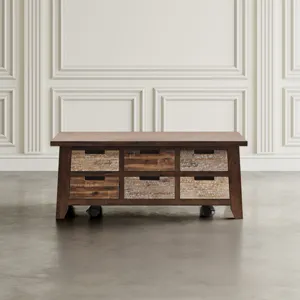 Painted Canyon Rustic Solid Acacia Box Coffee Table With Pull-Through Drawers And Caster Wheels
