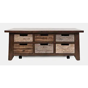 Painted Canyon Rustic Solid Acacia Box Coffee Table With Pull-Through Drawers And Caster Wheels