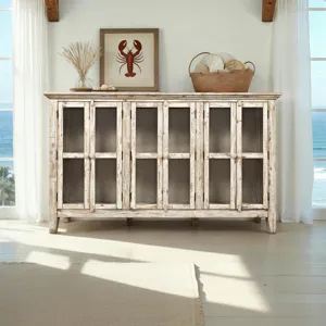Rustic Shores 70\" Coastal Distressed Acacia Six-Door Accent Cabinet