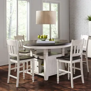 Madison County Rustic Farmhouse Five Piece Reclaimed Solid Wood Counter Height Round Dining Set With