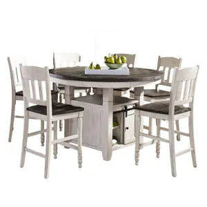 Madison County Rustic Farmhouse Seven Piece Reclaimed Solid Wood Counter Height Round Dining Set Wit