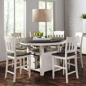 Madison County Rustic Farmhouse Seven Piece Reclaimed Solid Wood Counter Height Round Dining Set Wit