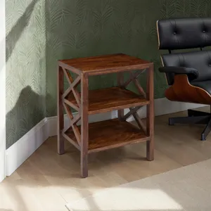 Global Archive Solid Wood Rustic Modern X-Side Accent Table With Two Shelves