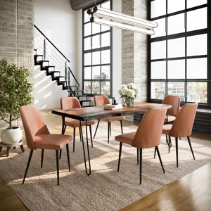 Nature\'s Edge Seven Piece Solid Acacia Dining Set With Upholstered Mid-Century Modern Chairs