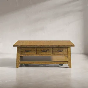 Telluride Rustic Farmhouse Solid Wood 50\" Coffee Table With Caster Wheels And Pull-Through Drawers