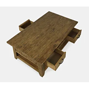 Telluride Rustic Farmhouse Solid Wood 50\" Coffee Table With Caster Wheels And Pull-Through Drawers