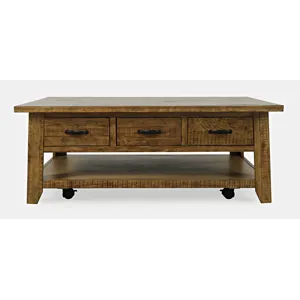 Telluride Rustic Farmhouse Solid Wood 50\" Coffee Table With Caster Wheels And Pull-Through Drawers
